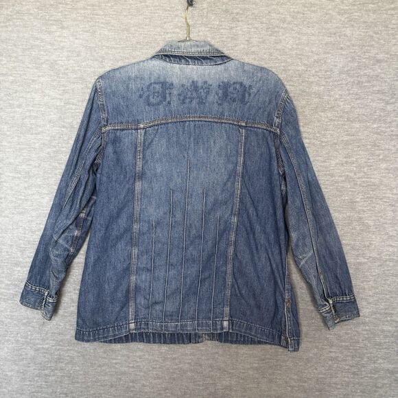 Vintage Denim Chore Jacket Shacket Women LARGE Blue Jean Barn Workwear Destroyed - Picture 8 of 11